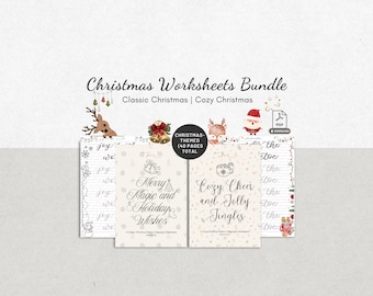 Printable Christmas Bundle Calligraphy Worksheets Classic and Cozy Holiday Handwriting Practice Sheets Modern Brush Lettering for Beginners