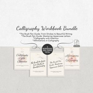 May include: A calligraphy workbook bundle featuring four digital guides: The Brush Pen Guide: From Strokes to Beautiful Writing, Mastering Uppercase Letters, Calligraphy with Intention, and Affirmations in Calligraphy, totaling over 300 pages.