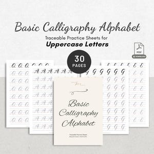 Folhas de exercícios de caligrafia com o alfabeto maiúsculo para iniciantes em escrita à mão e caligrafia (download digital em PDF)