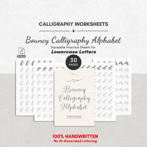 Puede incluir: Hojas de trabajo de caligrafía tituladas Bouncy Calligraphy Alphabet con hojas de práctica para calcar letras minúsculas. El conjunto incluye 30 páginas de letras 100% escritas a mano. Las páginas muestran filas de letras como f, g, d y m.
