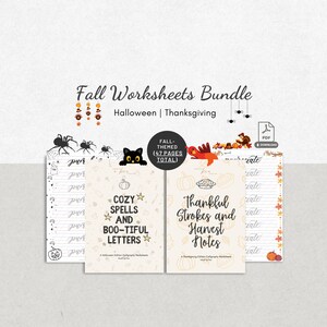 Puede incluir: Un paquete digital de 47 hojas de trabajo de caligrafía con temática otoñal para Halloween y Acción de Gracias. El conjunto incluye páginas con gráficos en negro y naranja, con texto como Fall Worksheets Bundle, Cozy Spells and Boo-tiful Letters y Thankful Strokes and Harvest Notes.