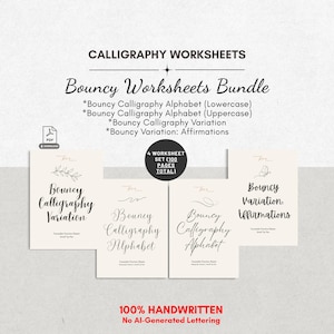 May include: A digital calligraphy worksheet bundle featuring four sets of practice pages. The text includes Calligraphy Worksheets, Bouncy Worksheets Bundle, Bouncy Calligraphy Alphabet, Bouncy Calligraphy Variation, and Bouncy Variation: Affirmations.