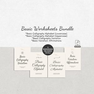 May include: A digital bundle of four calligraphy workbooks totaling 90 pages. The set includes Basic Calligraphy Alphabet Lowercase, Basic Calligraphy Alphabet Uppercase, Basic Calligraphy Variation, and Basic Variation Affirmations worksheets.