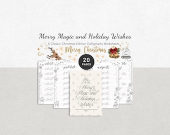 Printable Classic Christmas Calligraphy Practice Worksheets Modern Brush Lettering Workbook Holiday Sheets for Beginners and Intermediate