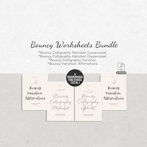 May include: A digital bundle of four calligraphy workbooks totaling 100 pages. The set includes Bouncy Calligraphy Alphabet in lowercase and uppercase, Bouncy Calligraphy Variation, and Bouncy Variation: Affirmations, all presented as PDF files.