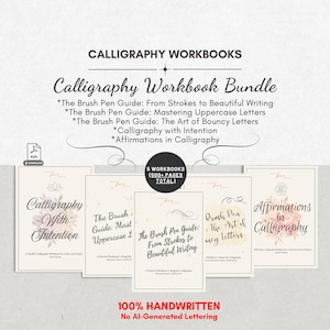 May include: A digital calligraphy workbook bundle featuring five guides: The Brush Pen Guide: From Strokes to Beautiful Writing, Mastering Uppercase Letters, The Art of Bouncy Letters, Calligraphy with Intention, and Affirmations in Calligraphy.