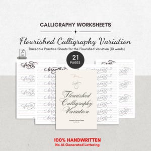 Fogli di lavoro stampabili per esercitarsi con variazioni di calligrafia elaborata, stile moderno di lettering a pennello, per principianti e intermedi (PDF).