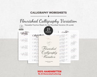 Può includere: Fogli di lavoro per calligrafia con 21 pagine di esercizi tracciabili per variazioni di calligrafia ornata. Il testo include Calligraphy Worksheets, Flourished Calligraphy Variation, 100% Handwritten e No AI-Generated Lettering.