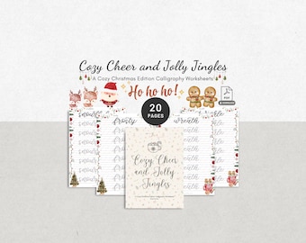 Printable Cozy Christmas Calligraphy Practice Worksheets Modern Brush Lettering Style Workbook Holiday Sheets for Beginners and Intermediate