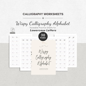 May include: Calligraphy worksheets titled Wispy Calligraphy Alphabet with 30 pages of traceable practice sheets for lowercase letters. The white pages feature black lined guides and black cursive letter examples for handwriting practice.
