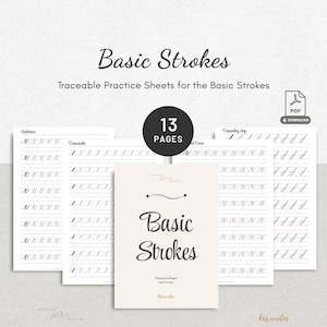 Può includere: Una raccolta di fogli di pratica di calligrafia stampabili intitolati "Basic Strokes". I fogli presentano esercizi tracciabili per l'apprendimento dei tratti base della calligrafia. La copertina è di colore beige chiaro con il titolo in elegante scrittura. Include 13 pagine.