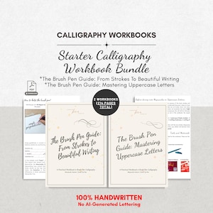 May include: A calligraphy workbook bundle featuring two guides: The Brush Pen Guide: From Strokes to Beautiful Writing and The Brush Pen Guide: Mastering Uppercase Letters. The set includes 214 pages total and is 100% handwritten with no AI-generated lettering.