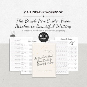 May include: A calligraphy workbook titled The Brush Pen Guide: From Strokes to Beautiful Writing, featuring over 100 pages of practice sheets. The set includes multiple white pages with black text, tracing exercises, and basic stroke instructions.
