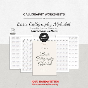 Fogli di esercizi di calligrafia stampabili, alfabeto per la scrittura a mano, lettering con pennello per principianti e calligrafi, download digitale in PDF.