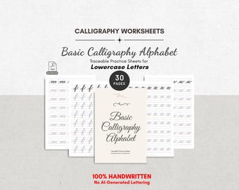 May include: Calligraphy worksheets featuring 30 pages of traceable practice sheets for lowercase letters. The cover page displays the text Basic Calligraphy Alphabet, while the interior pages show rows of handwritten letters m, f, a, and w.
