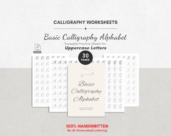 Puede incluir: Hojas de trabajo de caligrafía con 30 páginas de ejercicios para calcar letras mayúsculas. El conjunto incluye una portada titulada Basic Calligraphy Alphabet y varias hojas que muestran filas de las letras Q, A, G y E en cursiva.