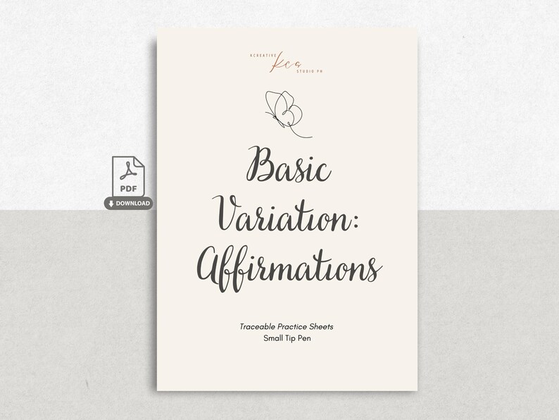 Op de afbeelding: Een cr&egrave;mekleurig digitaal document met een lijntekening van een vlinder en de tekst "Basic Variation: Affirmations" in een donker scriptlettertype. Onder de titel staat de tekst "Traceable Practice Sheets" en "Small Tip Pen" met een PDF-icoon.
