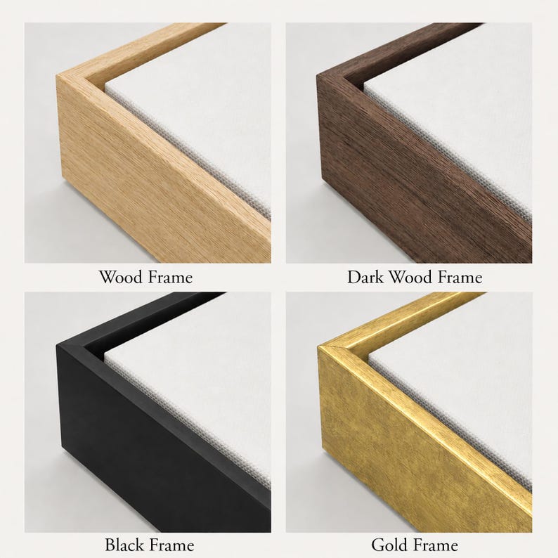 May include: Four corner samples of canvas art frames. The frames are shown in wood, dark wood, black, and gold. Each frame surrounds a white canvas, showcasing the different color options available.
