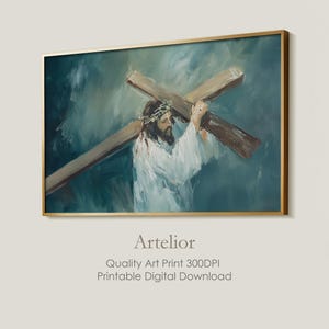 Jesus Carrying Cross, Art Print, Passion of Christ Crucifixion, Modern Christian Wall Art, Dark Green Painting, Digital Download |778