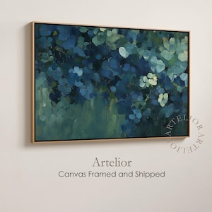 Blue Hydrangea Framed Canvas Wall Art, Blue And Dark Teal Green Flower Painting, Abstract Minimalist Botanical Floral Home Decor, Wood Frame