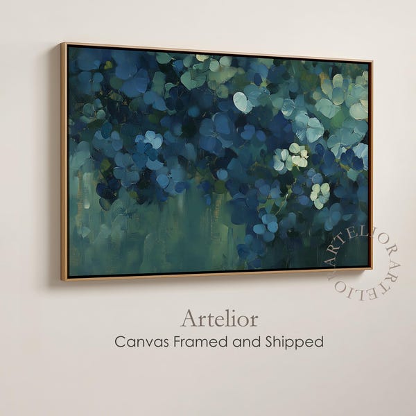 Blue Hydrangea Framed Canvas Wall Art, Blue And Dark Teal Green Flower Painting, Abstract Minimalist Botanical Floral Home Decor, Wood Frame