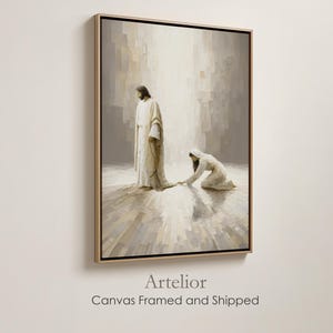 Jesus Healing Woman with Issue Of Blood Touches Hem Of His Garment, Framed Canvas, Christian Wall Art, Neutral Modern Painting, Wood Frame