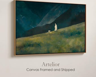 Good Shepherd Found Lost Sheep Framed Canvas, Jesus Leaves the 99, Modern Christian Art, Minimalist Dark Green Painting, Framed Wall Art