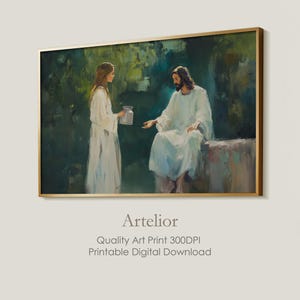 Jesus and Woman at the Well Art Print, Living Water, Jesus Art, Modern Christian Wall Art, Dark Green Painting, Digital Download |791