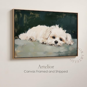 Maltese dog painting on framed canvas, featuring a white Maltese resting on a soft surface with a dark green background, perfect wall art for dog lovers.
