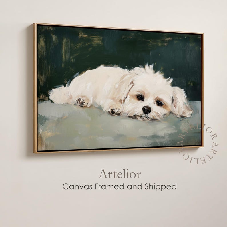 Maltese dog painting on framed canvas, featuring a white Maltese resting on a soft surface with a dark green background, perfect wall art for dog lovers.