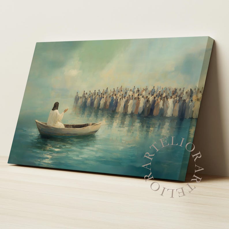 Jesus Teaches Parables From the Boat Framed Canvas, Crowd on Shore ...