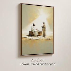 Woman At The Well Framed Canvas, Jesus & Samaritan Woman, Living Water Bible Art, Christian Wall Art, Neutral Modern Painting, Wood Frame