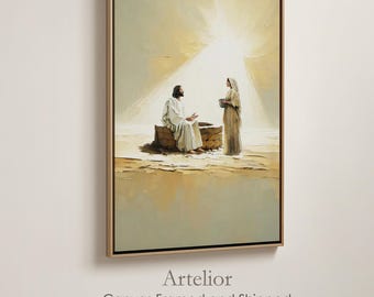 Woman At The Well Framed Canvas, Jesus & Samaritan Woman, Living Water Bible Art, Christian Wall Art, Neutral Modern Painting, Wood Frame