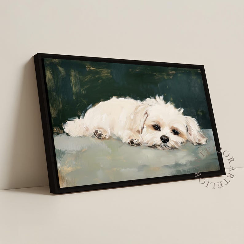 May include: A framed canvas print featuring a white dog lying down. The dog has dark eyes and black paw pads. The background is a dark green with brushstrokes, and the dog rests on a light green surface. The frame is black.