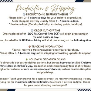 May include: A cream-colored informational graphic with text about production and shipping timelines. The text includes details on order processing, tracking information, and potential delays during holidays. The graphic has a decorative border.