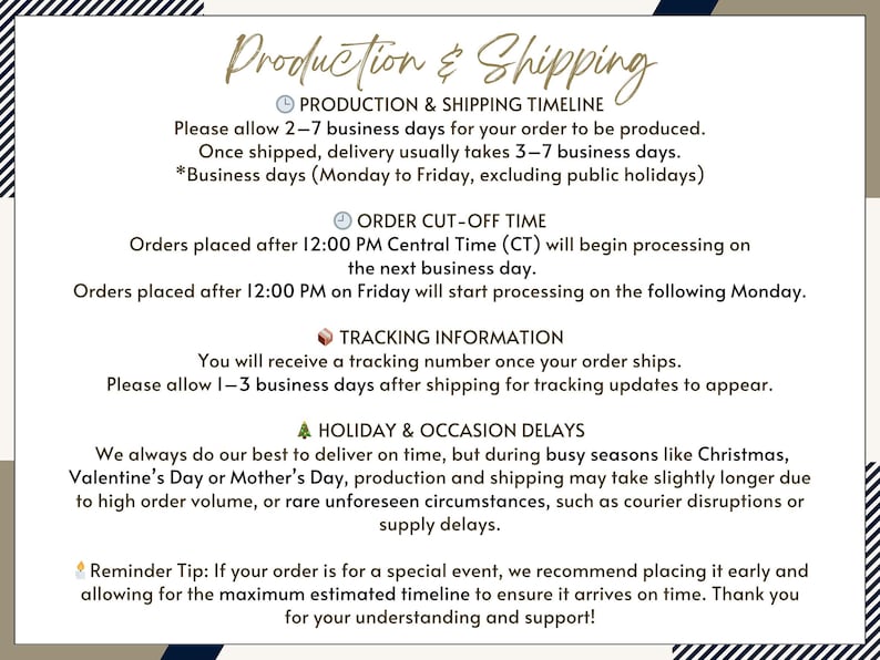 May include: A cream-colored informational graphic with text about production and shipping timelines. The text includes details on order processing, tracking information, and potential delays during holidays. The graphic has a decorative border.