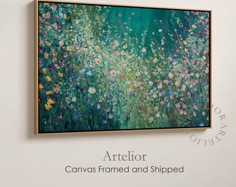 Wildflower Framed Canvas, Pastel Floral Painting in Dark Emerald Teal Green Wall Art, Horizontal Landscape Wood Frame