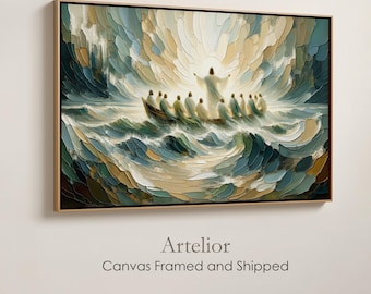 Jesus Calms The Storm Frame Canvas, Peace In The Storm, Peace Be Still, Christian Wall Art, Bible Modern Painting, Faith Decor, Wood Frame