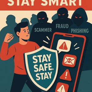 May include: A digital illustration with the text "STAY SAFE. STAY SMART." A person in a red shirt and dark pants stands in front of a shield that says "STAY SAFE. STAY." A smartphone displays warning icons, with shadowy figures labeled "SCAMMER," "FRAUD," and "PHISHING" in the background.
