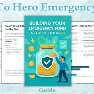 Może przedstawiać: Turkusowy i biały przewodnik zatytułowany "Building Your Emergency Fund" z podejściem krok po kroku. Ilustracja na okładce przedstawia osobę dodającą monetę do słoika wypełnionego złotymi monetami. Dodatkowe strony szczegółowo opisują planowanie finansowe.