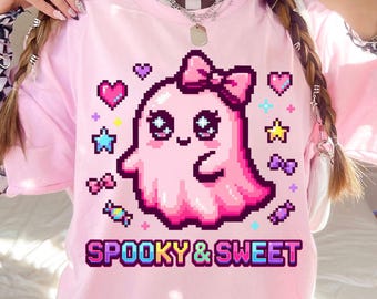 Pink Halloween PNG, Spooky & Sweet Sublimation, Kawaii Ghost Pixel Art Shirt Design, Digital Download