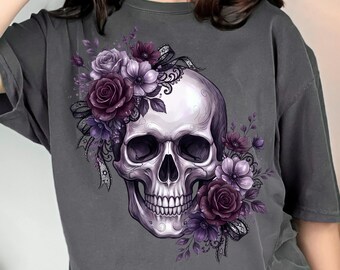Skull PNG, Purple Floral Lace Skull Sublimation, Gothic Vamp Romantic Shirt Design, Digital Download
