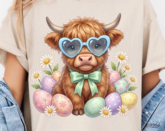 Mucca pasquale delle Highlands PNG, Margherita primaverile, cucciolo di animale, sublimazione, design per maglietta pasquale, download digitale