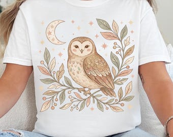Celestial Owl PNG, Cottagecore Sublimation Design, Whimsical Moon Owl Illustration, Digital Download