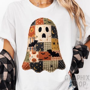 Patchwork Ghost PNG, Halloween Ghost Design, Spooky Season Quilted Sublimation, Digital Download