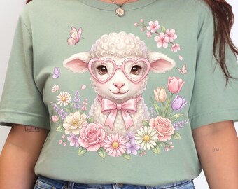 Agnello di Pasqua PNG, Pecorino primaverile floreale per sublimazione, Design di maglietta con animali e fiori stravaganti, Digitale