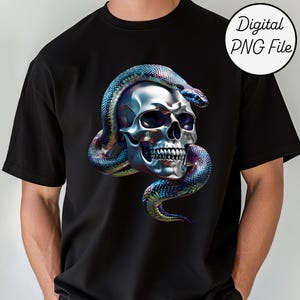Skull PNG Design, Gothic Clipart, Snake Art, Chrome Print Sublimation, Digital File, POD
