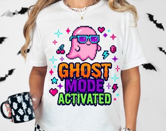 Halloween Ghost PNG, Spooky Season Retro Gaming Pixel Sublimation, Ghost Mode Activated Shirt Design