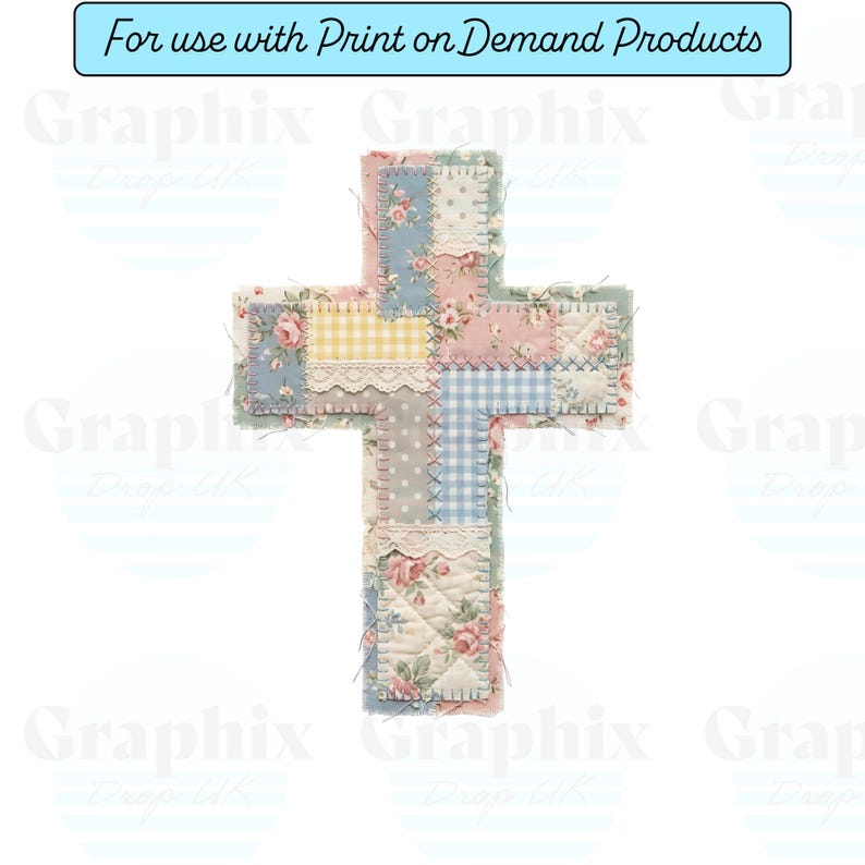 K&ouml;nnte beinhalten: Ein Patchwork-Kreuz mit floralen, Vichy- und Spitzenmustern in Pastellfarben. Das Kreuz besteht aus verschiedenen Stoffquadraten, die zusammengen&auml;ht sind. Der Text "For use with Print on Demand Products" befindet sich oben.