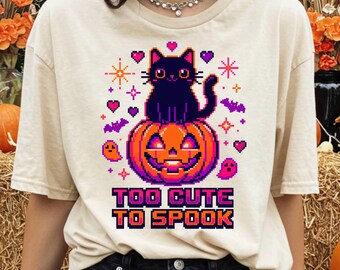 Too Cute To Spook PNG, Halloween Black Cat Spooky Season Sublimation, Pumpkin Shirt Design